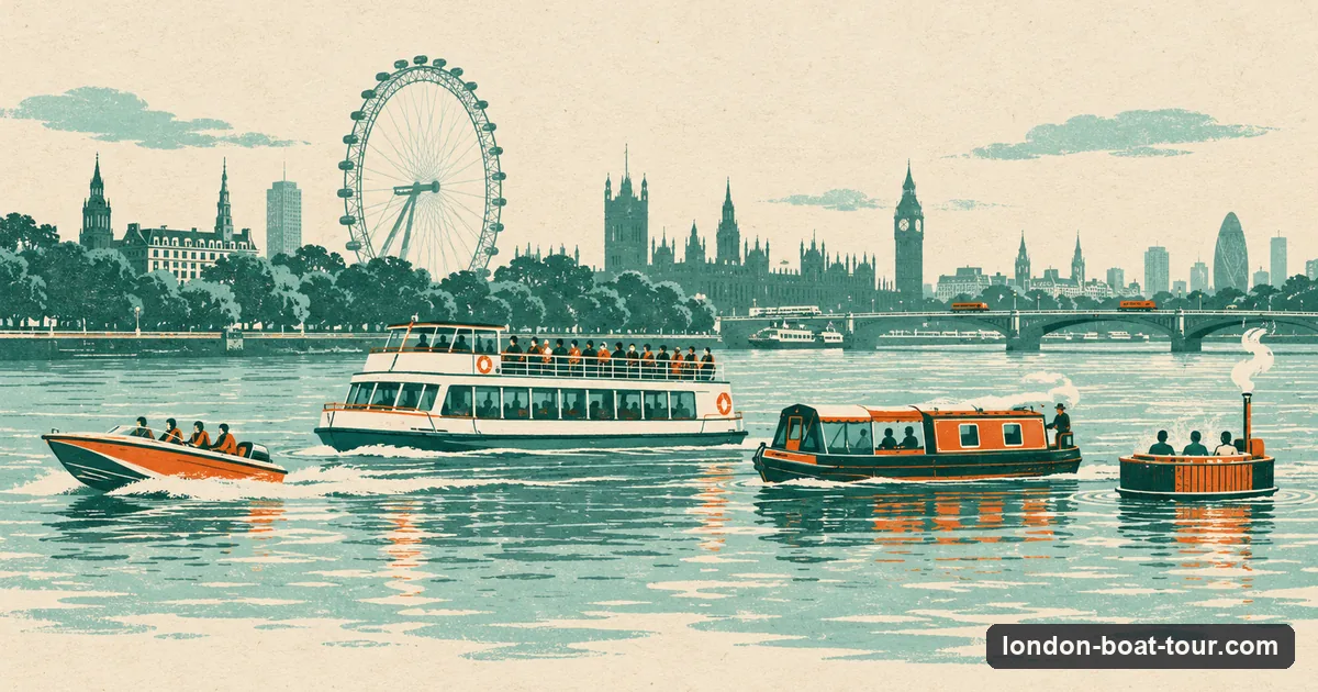 Illustration: four kinds of London boat side by side, a speedboat, a cruise boat, a canal boat and a small hot tub boat