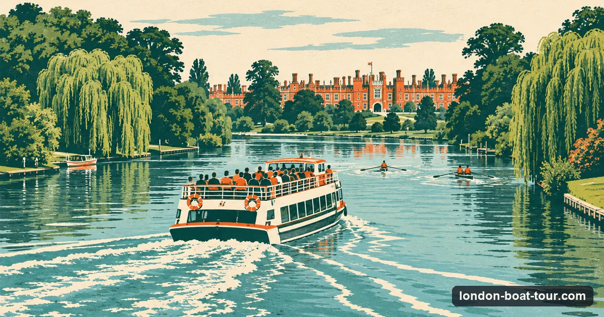 Illustration: a river boat on the green upper Thames with willow trees and a palace in the distance