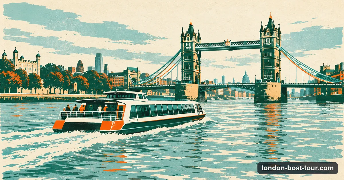 Illustration: a river bus catamaran passing Tower Bridge on the Thames
