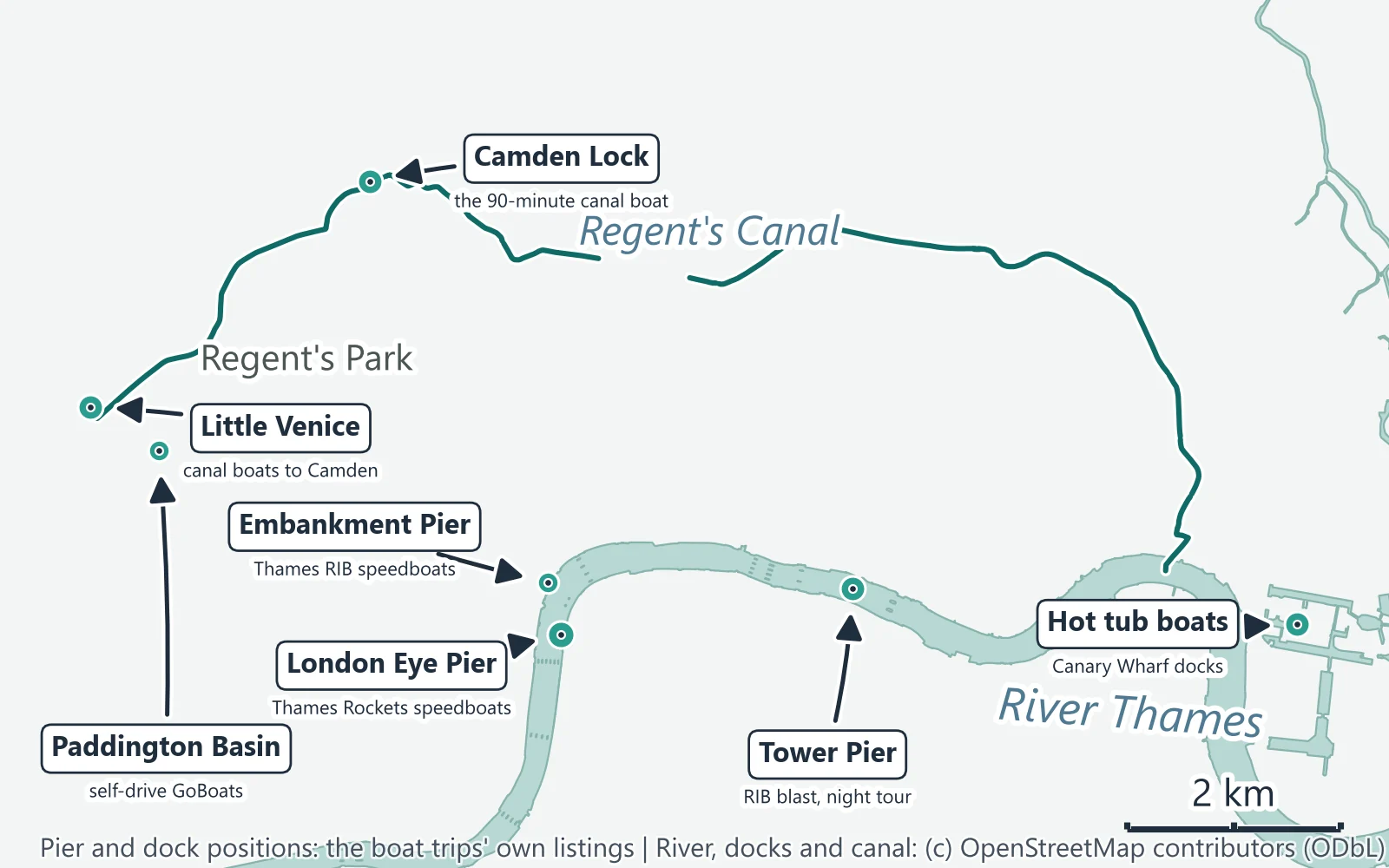 Map of central London showing the boat piers on the River Thames and the Regent's Canal from Little Venice to Camden