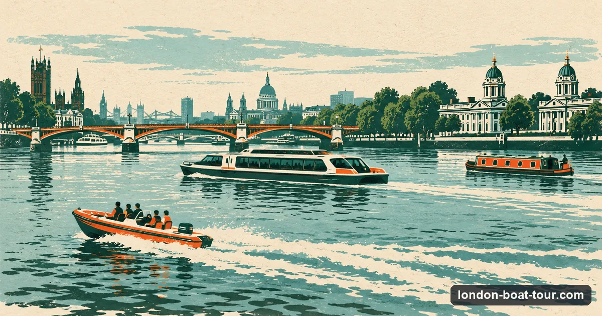Illustration: a speedboat, a canal narrowboat and a river bus on the water in London