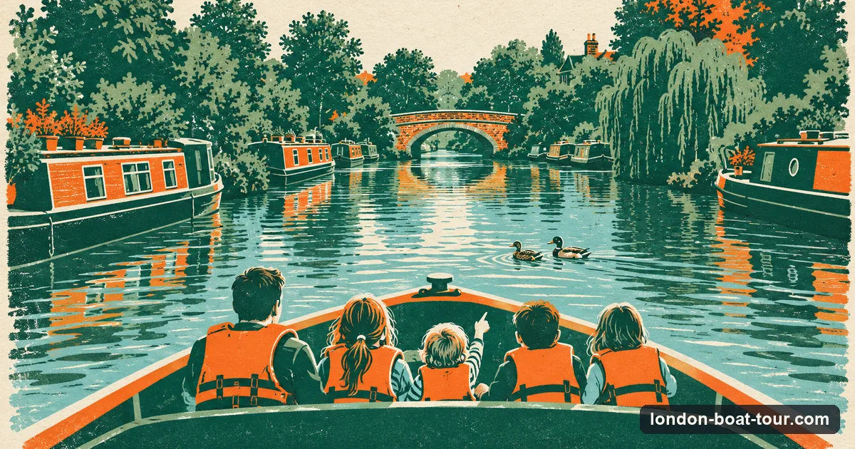 Illustration: a family in life jackets on a canal boat in London with a child pointing at ducks