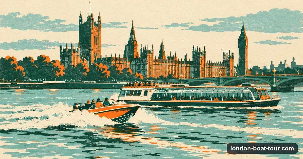 Illustration: a small speedboat with a white wake overtaking a large sightseeing cruise boat on the Thames